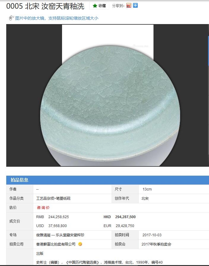 [苏富比] 北宋 汝窑天青釉洗 2亿4425万